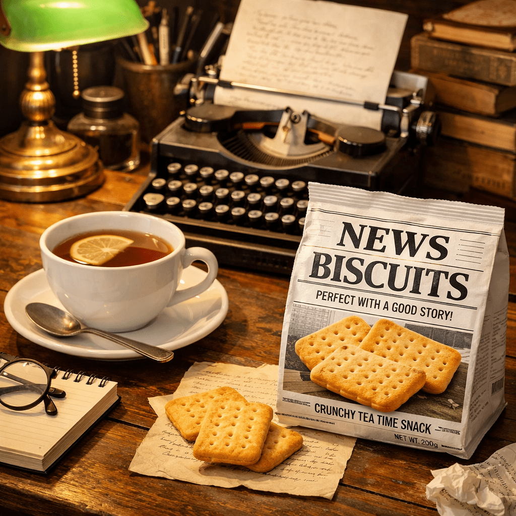 Cup of tea with lemon, packet of News Biscuits, and vintage typewriter on wooden desk